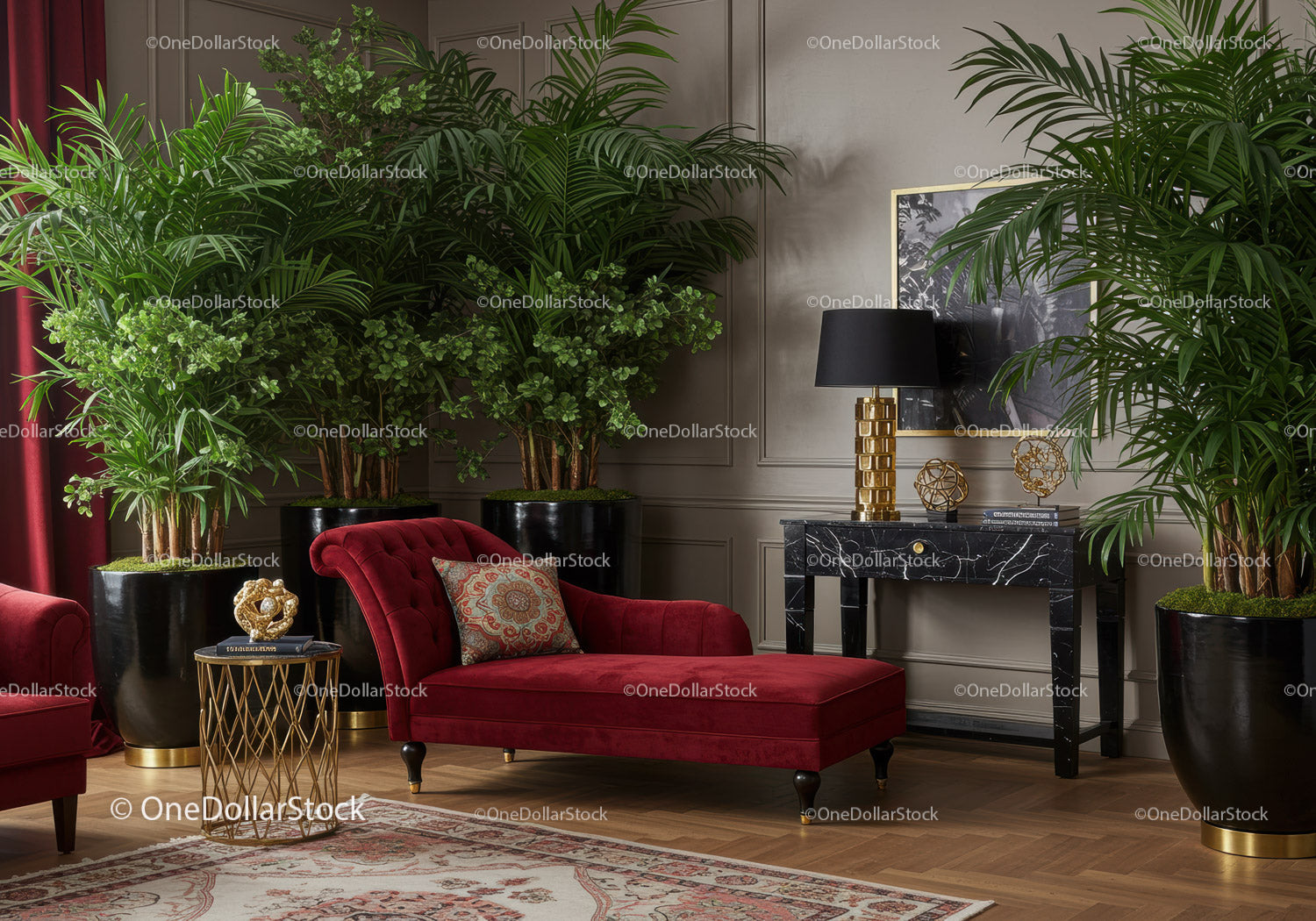 Elegant Red Chaise Lounge Surrounded by Lush Indoor Plants