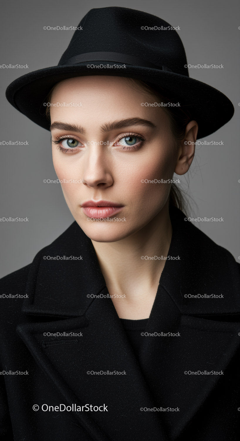 Elegant Woman in Black Hat and Coat Portrait
