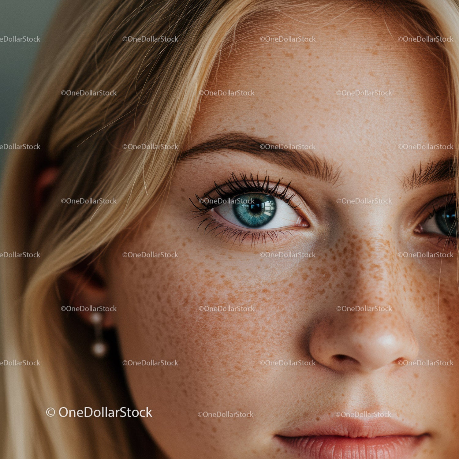 Close up portrait of young woman with blue eyes and freckles