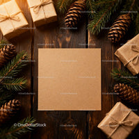 Blank Kraft Paper Card with Christmas Gifts and Pinecones JPG Mockup Image preview