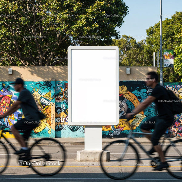 Blank Outdoor Billboard with Cyclists Passing By Urban Wall JPG Mockup Image