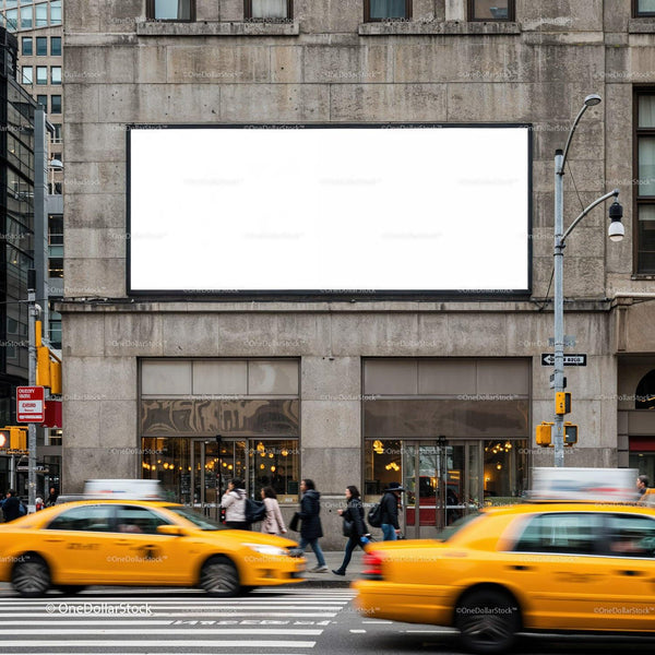 Zatłoczona ulica miasta z żółtymi taksówkami i pustym billboardem