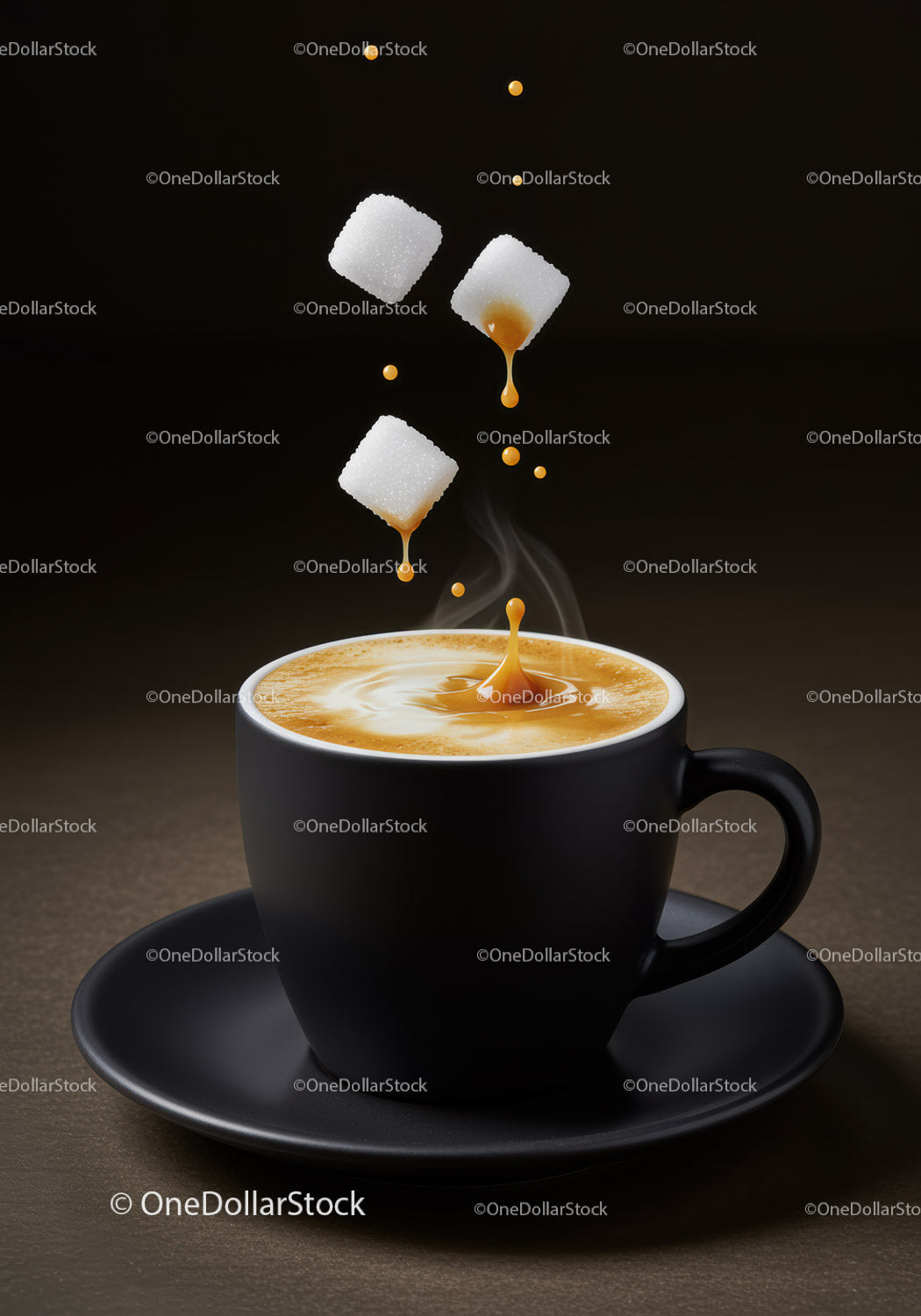 Steaming cup of coffee with sugar cubes dropping in