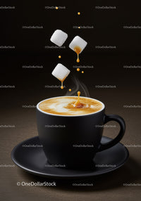 Steaming cup of coffee with sugar cubes dropping in
