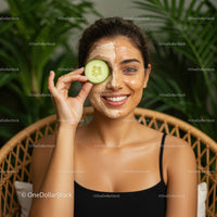 Woman with Facial Mask and Cucumber Slice Enjoying Spa Relaxation