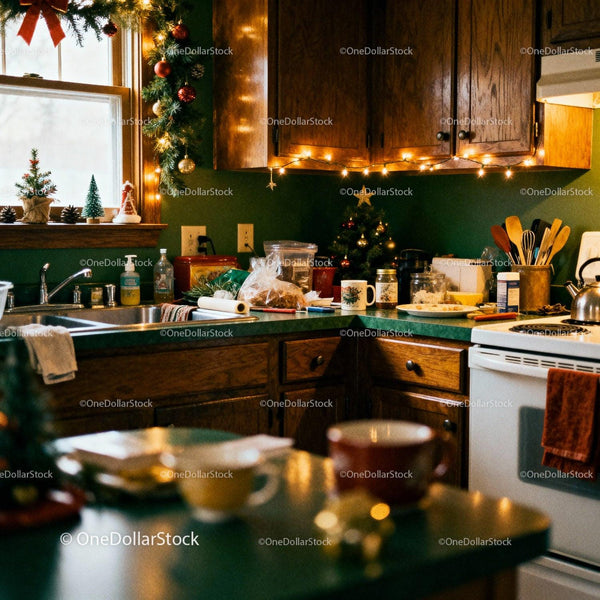 Cozy kitchen with Christmas decorations and warm lighting