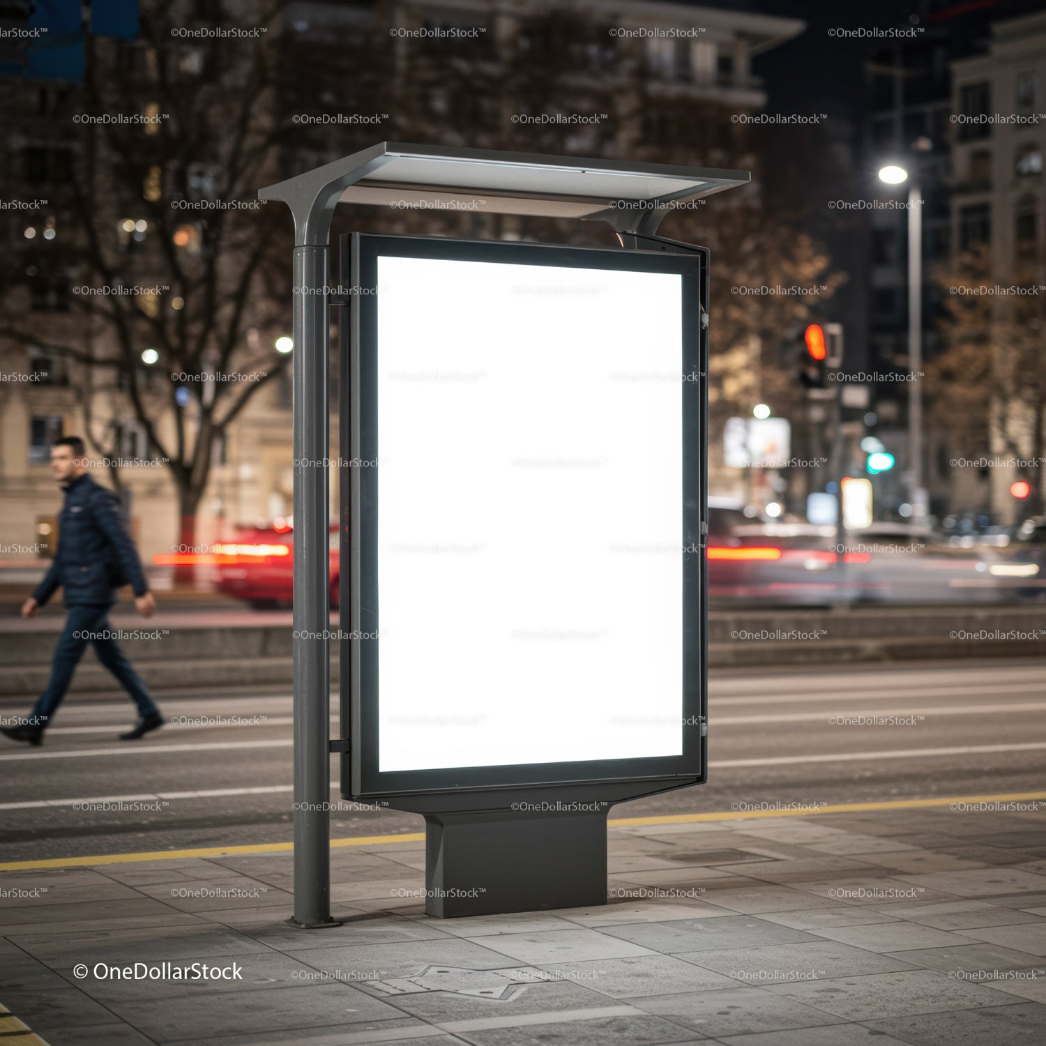 Podświetlony pusty billboard na chodniku miejskim nocą