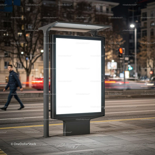 Illuminated Blank Billboard on City Sidewalk at Night JPG Mockup Image