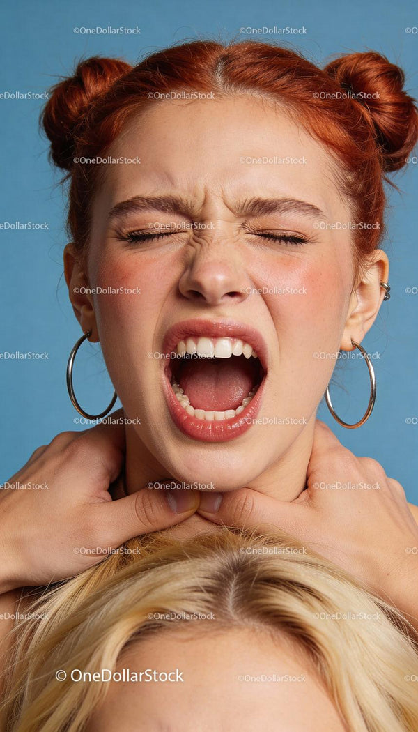 Young red-haired woman expressing fear with hands on neck