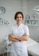 Professional Female Doctor in White Medical Coat in Clinic Setting