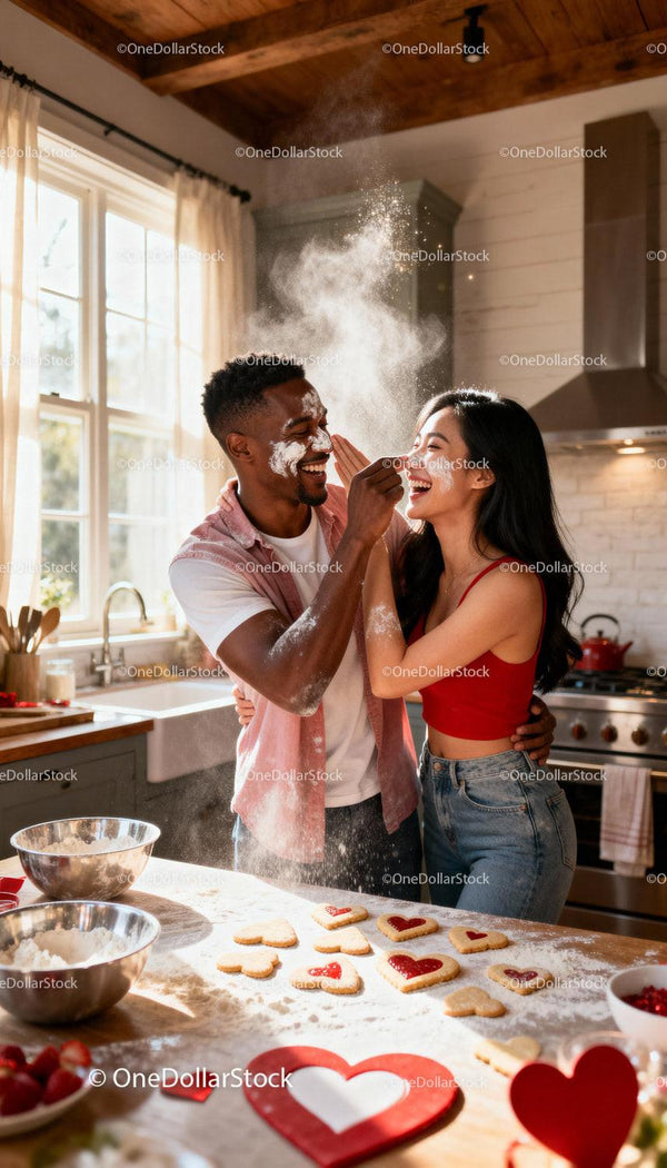 Couple Playfully Baking Heart-Shaped Cookies at Home