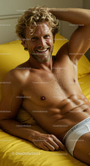 Smiling man relaxing on yellow bed in white underwear