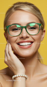 Smiling blonde woman with green eyeglasses on yellow