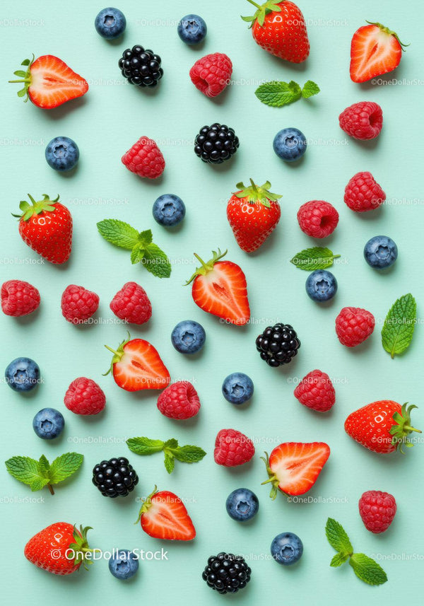 Fresh mixed berries with mint leaves on blue background