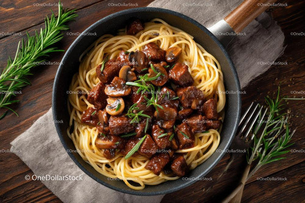 Beef and Mushroom Spaghetti in Rich Sauce on Wooden Table
