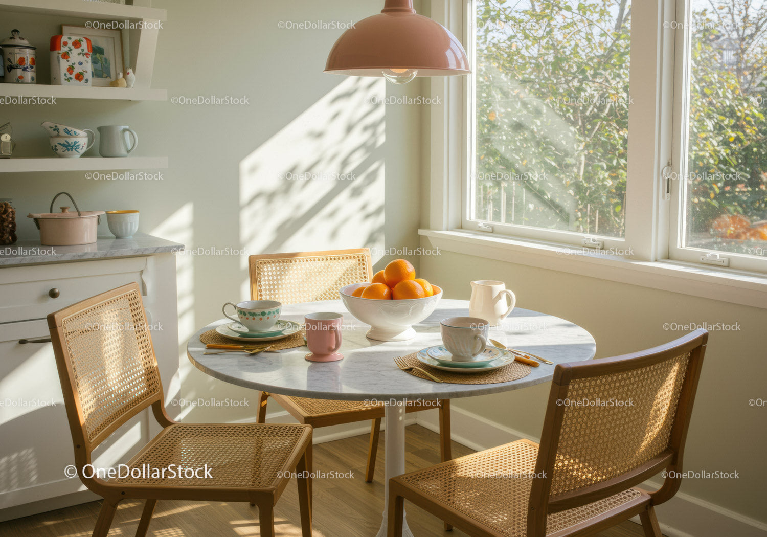 Bright kitchen corner with table set for morning coffee