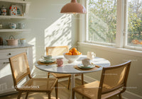 Bright kitchen corner with table set for morning coffee