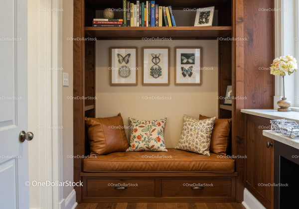 Cozy Home Nook with Elegant Wooden Bench and Butterfly Wall Art