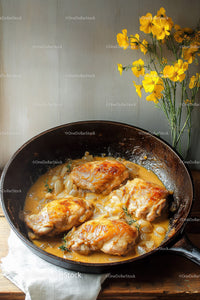 Savory Chicken Thighs in Creamy Sauce with Onions in Skillet