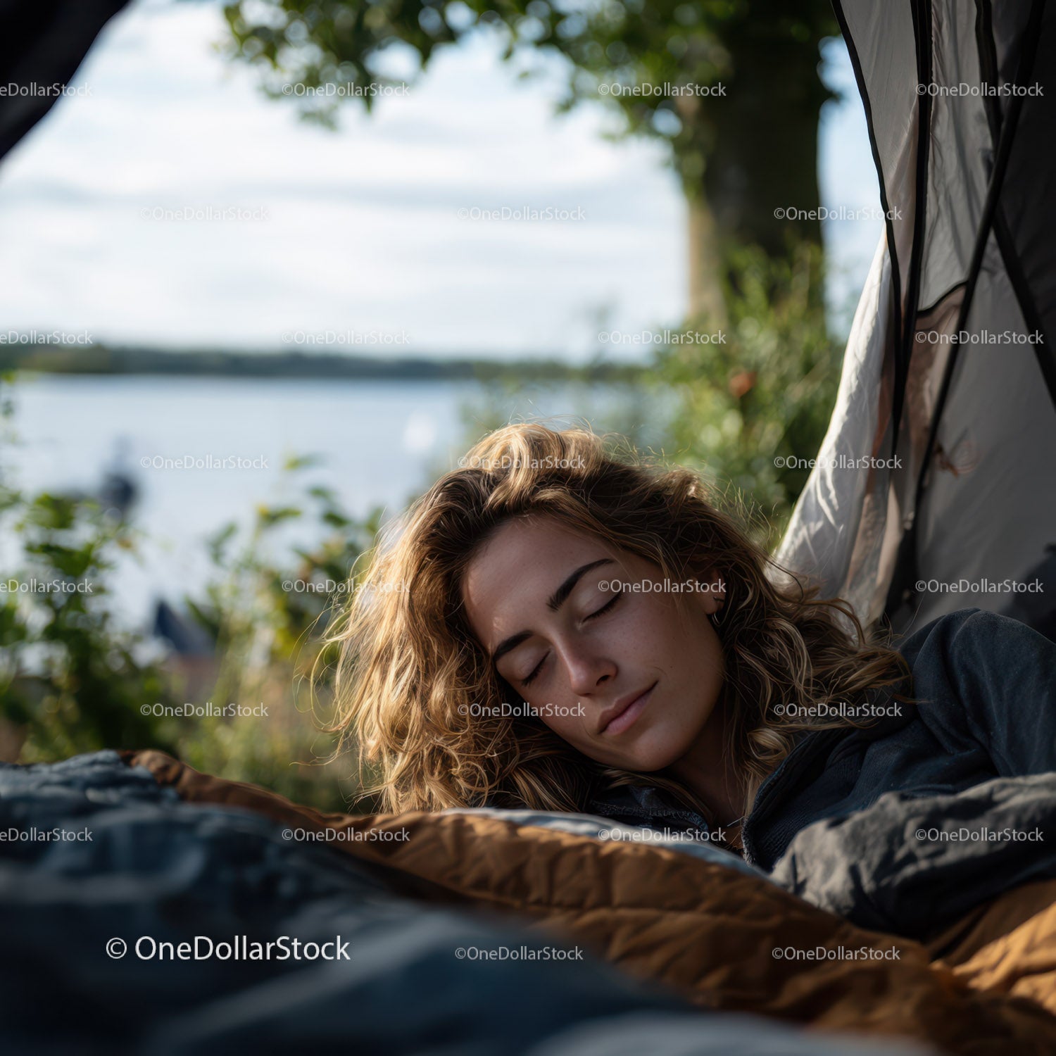 Young Woman Resting in Camping Tent by a River in a Scenic Outdoors