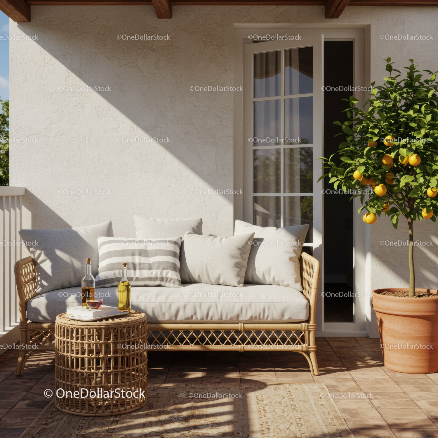Cozy outdoor patio with rattan sofa and lemon tree