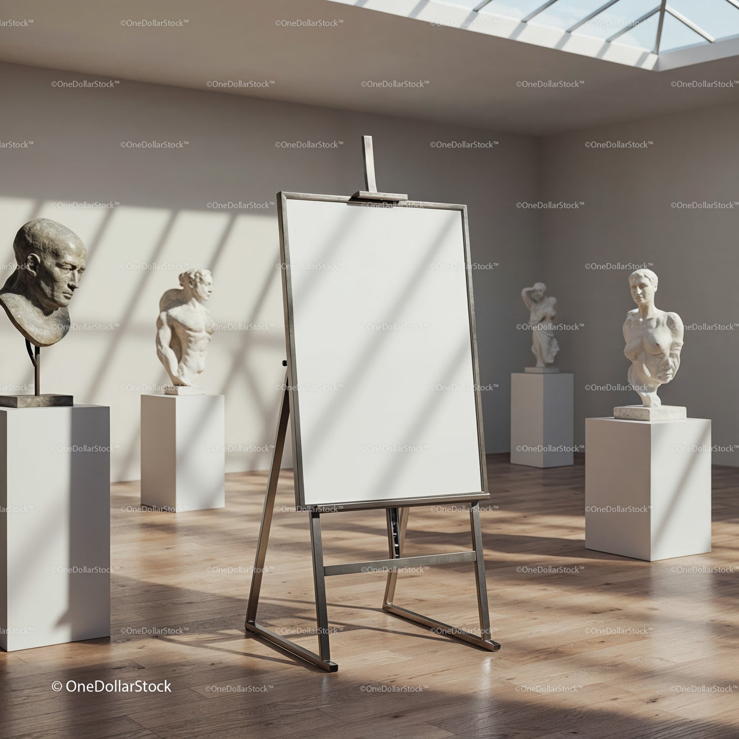 Empty easel surrounded by classical sculptures in gallery