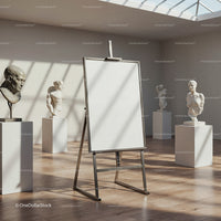 Empty easel surrounded by classical sculptures in gallery