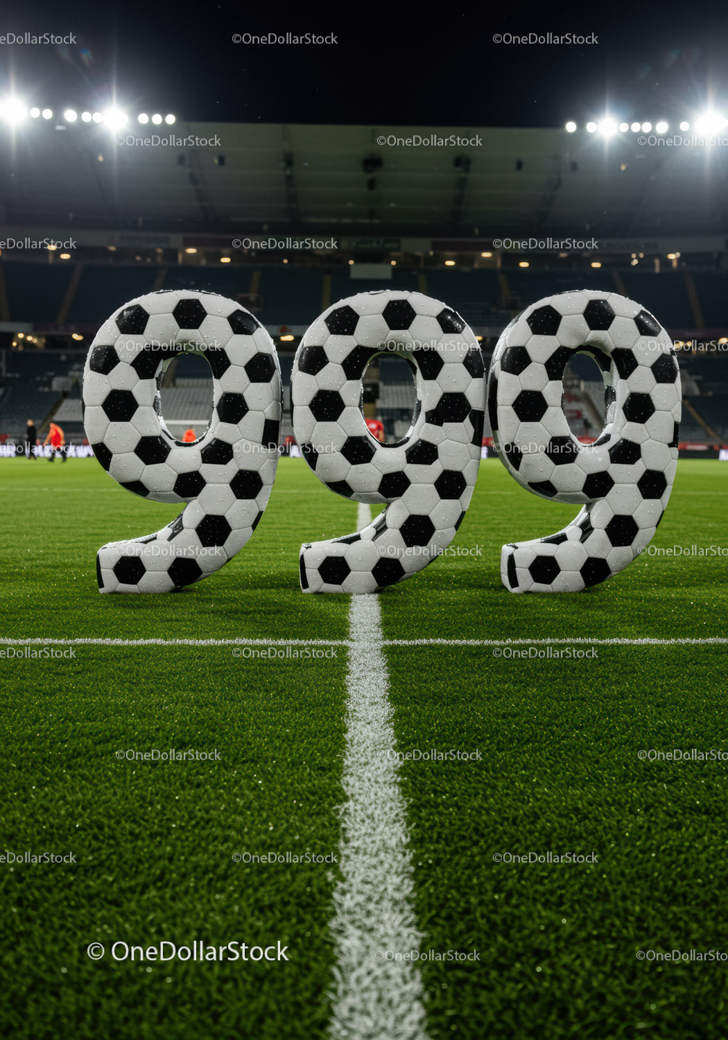 Three Soccer Ball Themed Numbers on Stadium Field