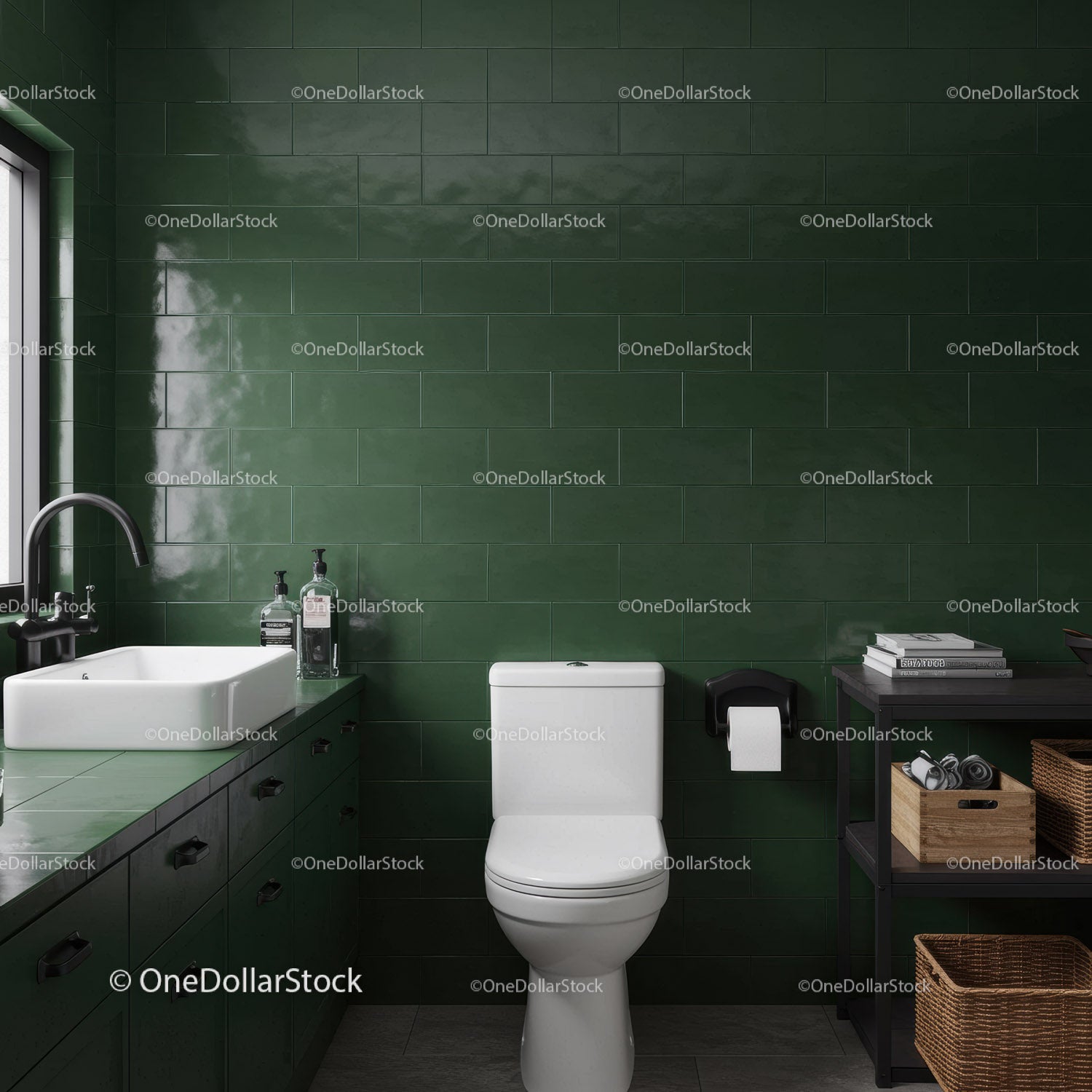 Modern Green Tiled Bathroom with White Toilet and Black Countertop