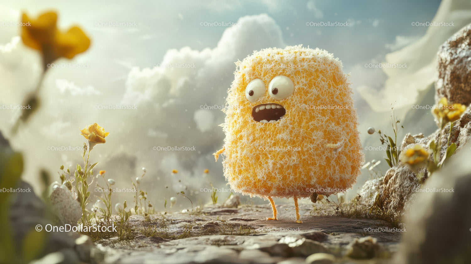 Whimsical Animated Sponge Character in Vibrant Outdoor Scene