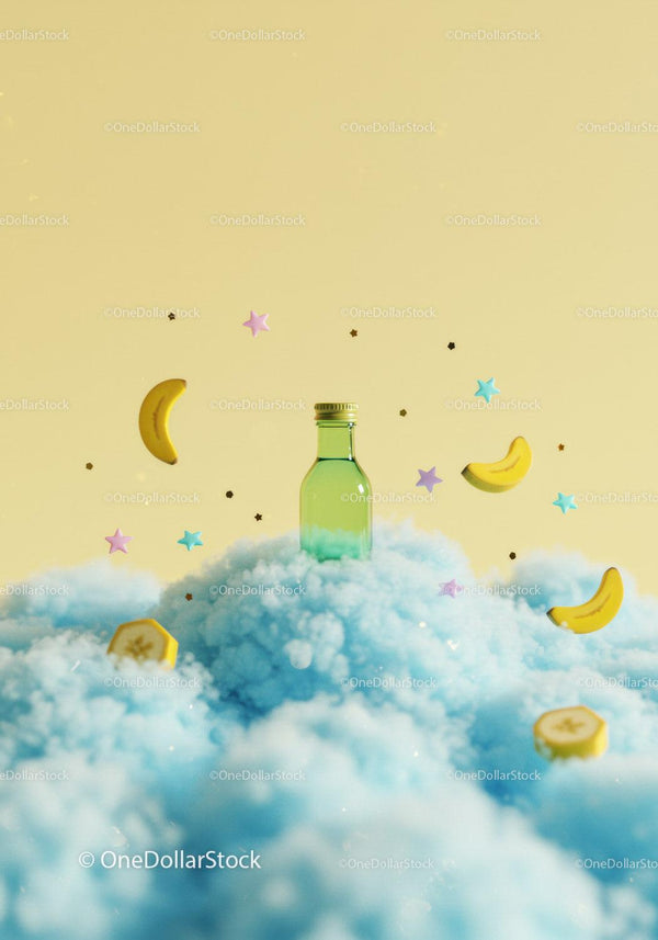 Green bottle surrounded by clouds and whimsical stars JPG Mockup Image