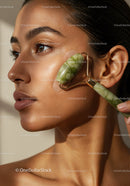 Elegant Woman Using Jade Roller for Glowing Skin Facial Massage
