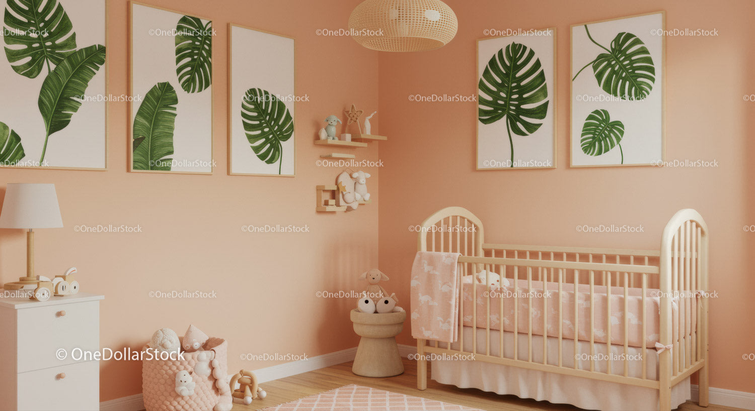 Cozy Nursery with Green Monstera Leaf Wall Art and Wooden Baby Crib