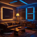 Cozy living room with warm and cool ambient lighting