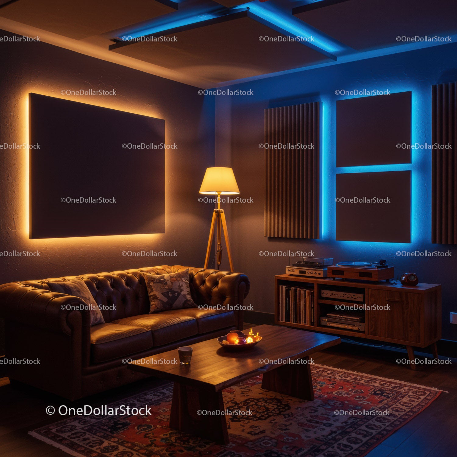 Cozy living room with warm and cool ambient lighting