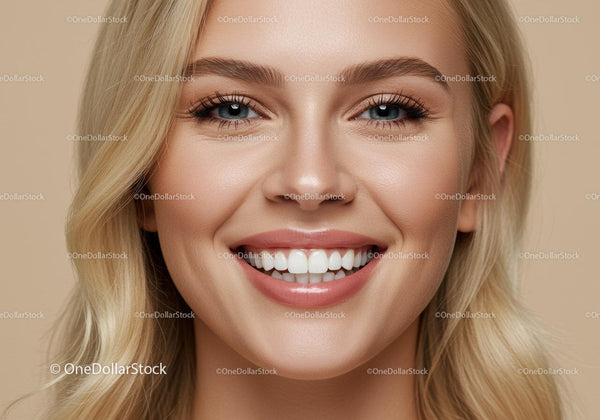 Close up of smiling blonde woman with radiant skin