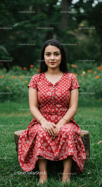Young woman in red traditional dress sitting outdoors in lush green park