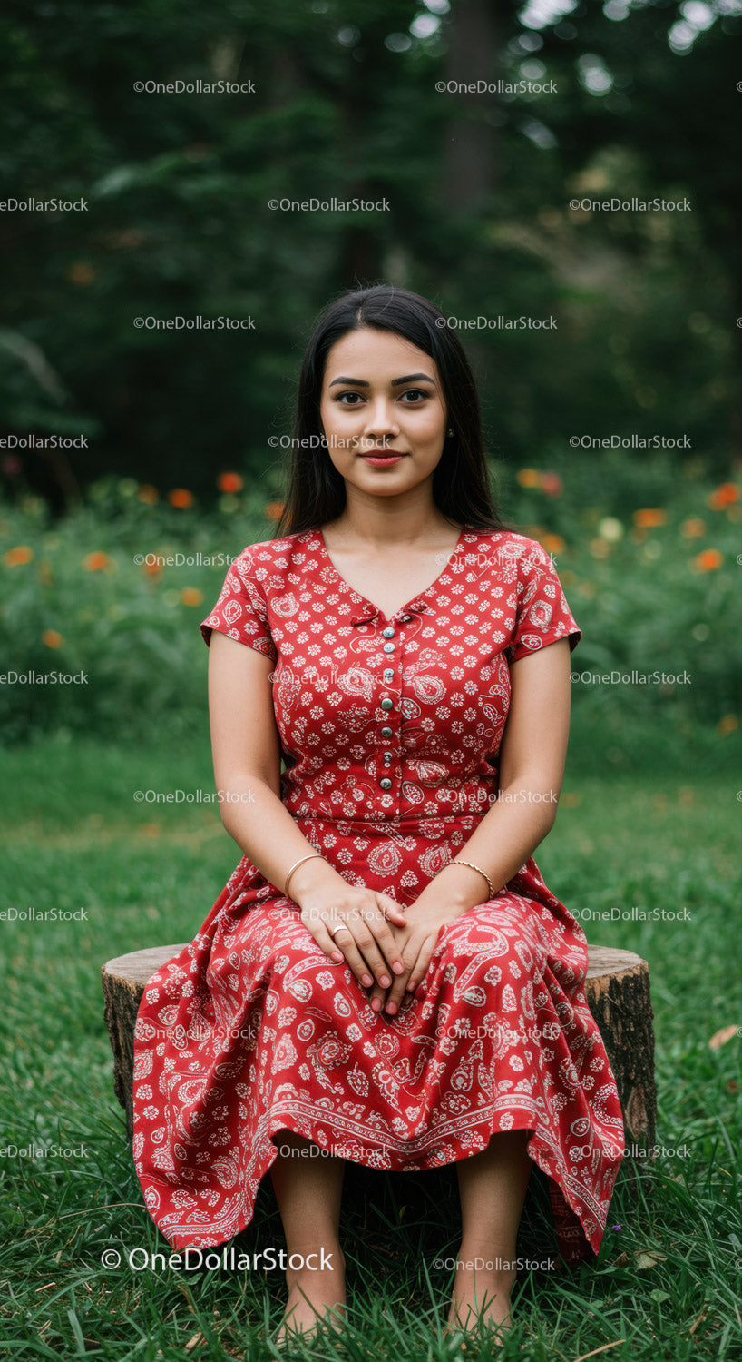 Young woman in red traditional dress sitting outdoors in lush green park