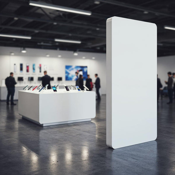 Modern smartphone display area in sleek tech showroom JPG Mockup Image