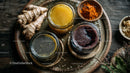 Herbal Teas and Spices with Ginger and Turmeric on Rustic Tray