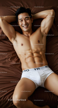 Smiling athletic man relaxing on brown bed linen
