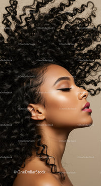 Profile of Woman with Voluminous Curly Hair and Makeup