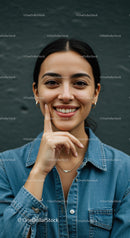 Young woman with thoughtful smile in denim shirt
