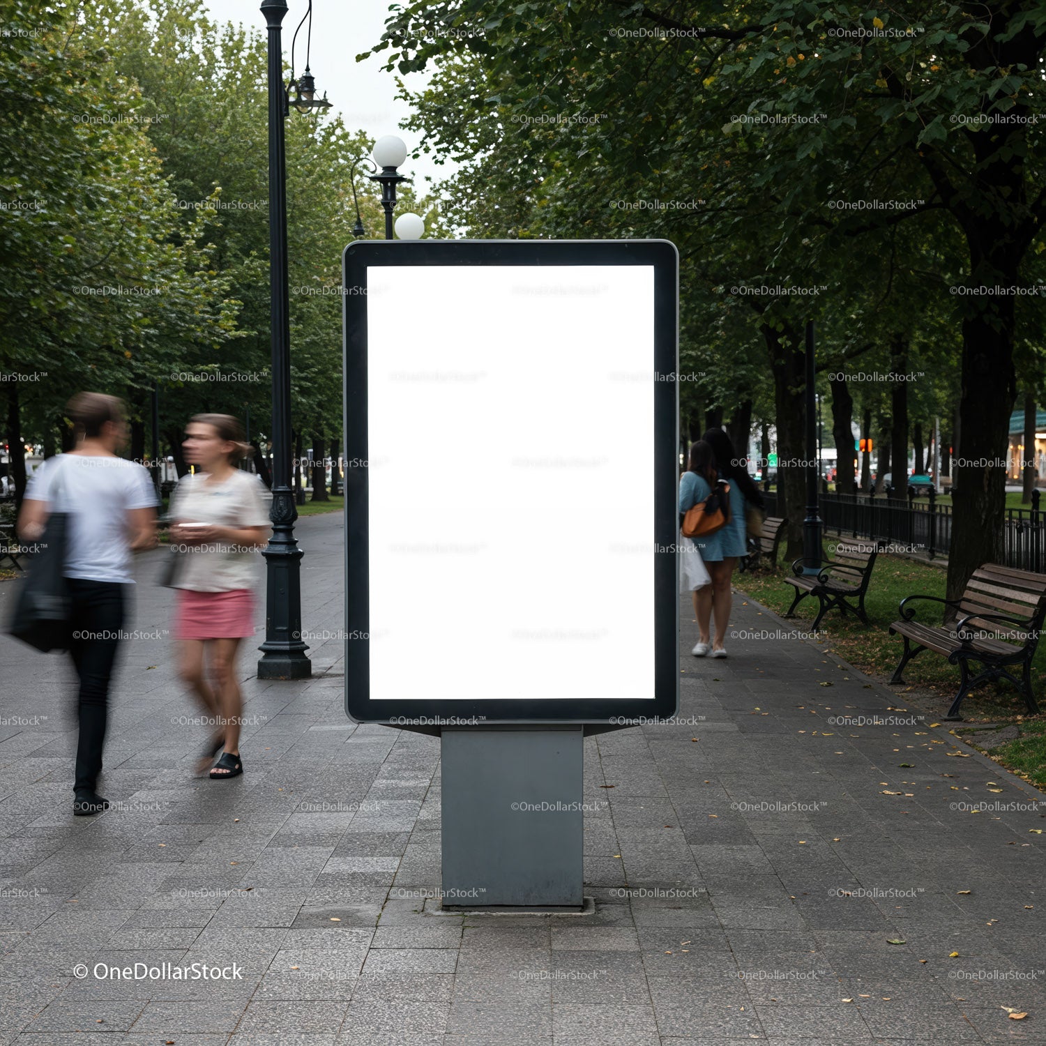 Blank City Park Advertisement Billboard With Pedestrians