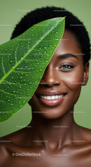Portrait of Smiling African American Woman with Green Leaf and Water Droplets