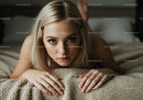 Beautiful Blonde Woman with Bright Blue Eyes Lying on Cozy Blanket
