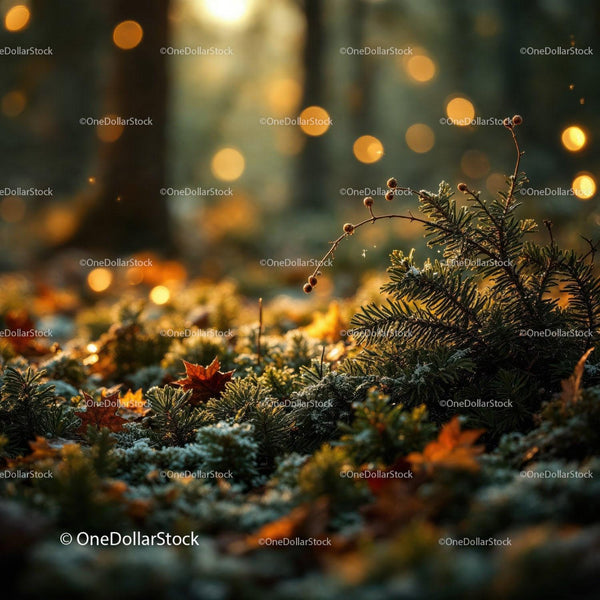 Zamrożona leśna ściółka z ciepłym złotym światłem bokeh