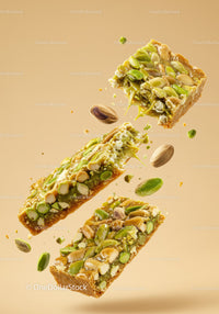 Close up of pistachio nut bars with honey glaze