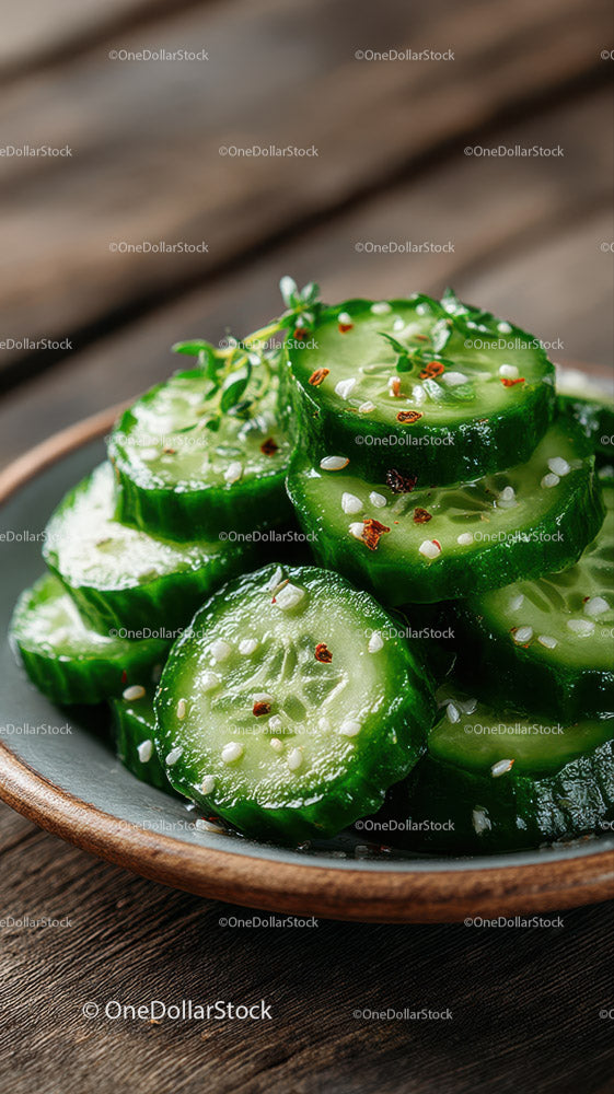 Fresh Cucumber Slices with Spice Sprinkle in a Rustic Bowl