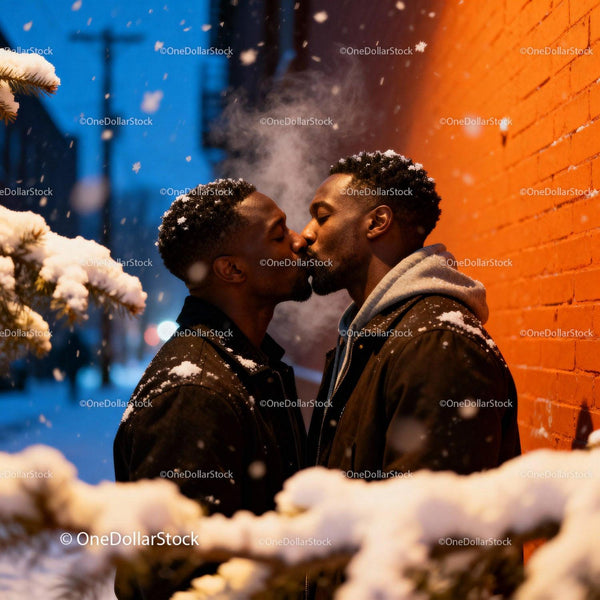 Couple sharing a tender kiss in snowy urban evening
